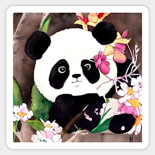 Cute panda and sweet peas blossom watercolor painting Sticker